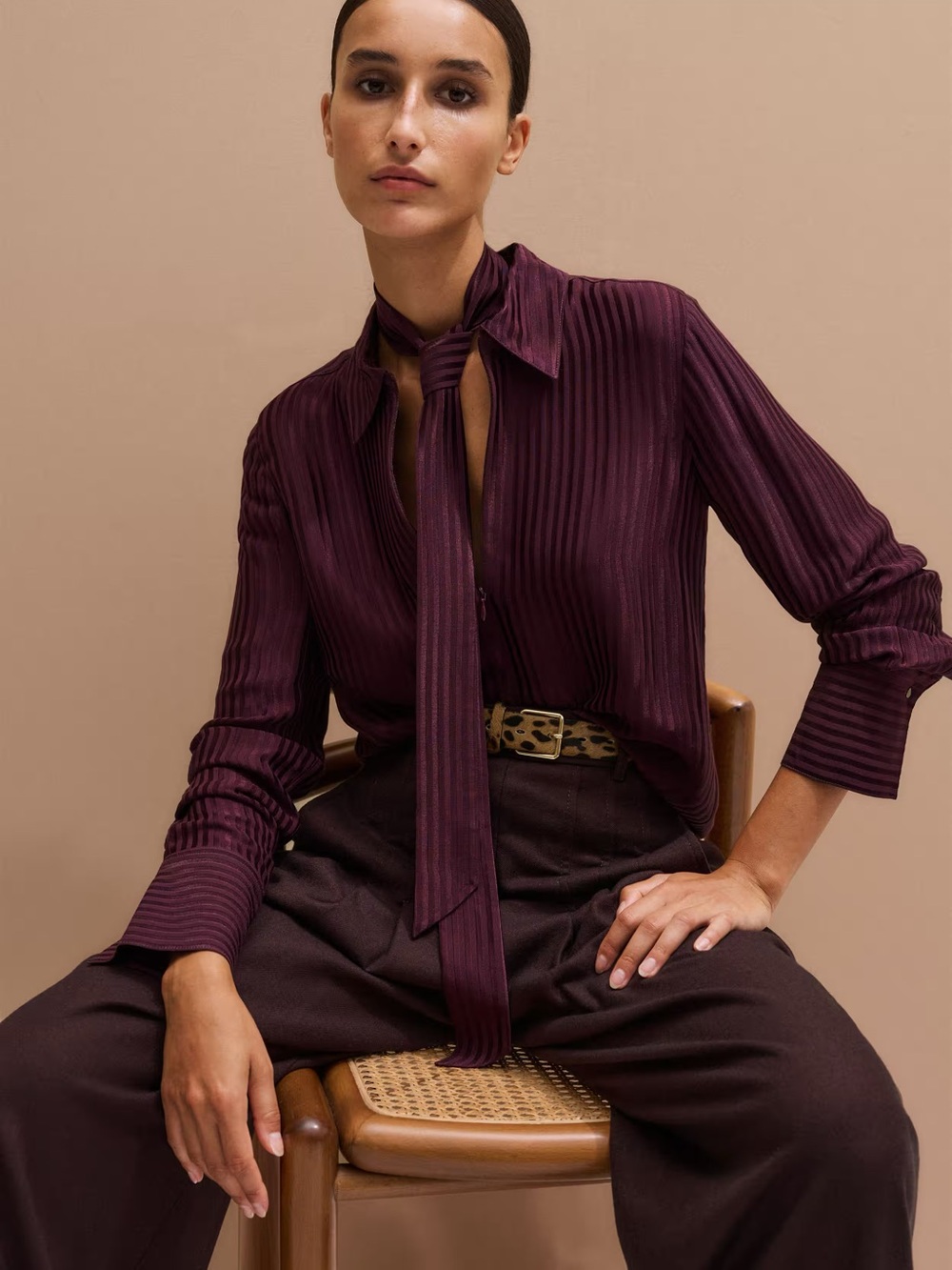 NWT ME+EM AM-PM Shirt & Tie Tonal Stripe Satin Merlot Size US 10